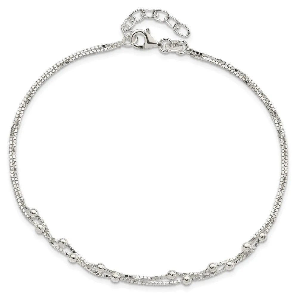 Sterling Silver Polished Beaded 2-strand 9 inch Plus 1 inch ext. Anklet