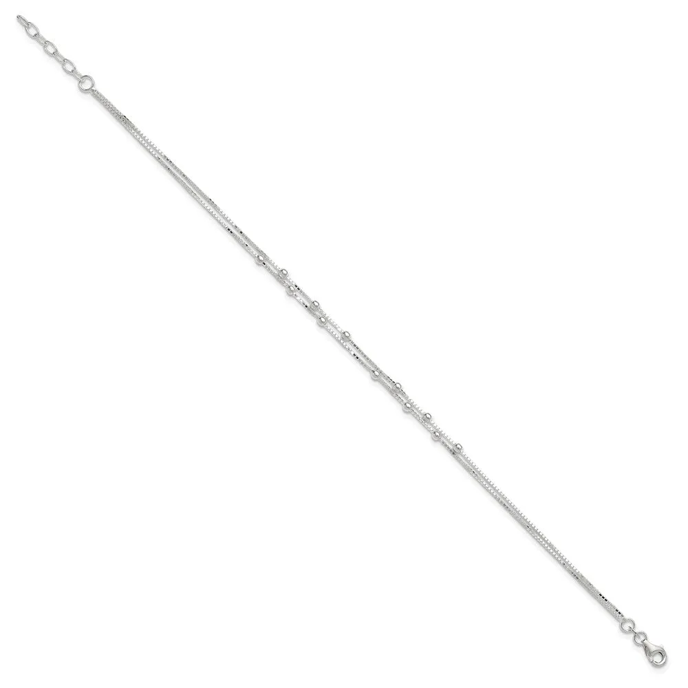 Sterling Silver Polished Beaded 2-strand 9 inch Plus 1 inch ext. Anklet