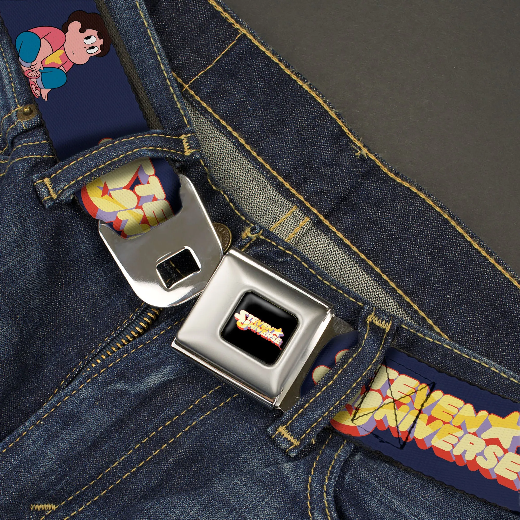 STEVEN UNIVERSE Title Logo Full Color Black Seatbelt Belt - STEVEN UNIVERSE Sitting Pose and Title Logo Navy Blue Webbing