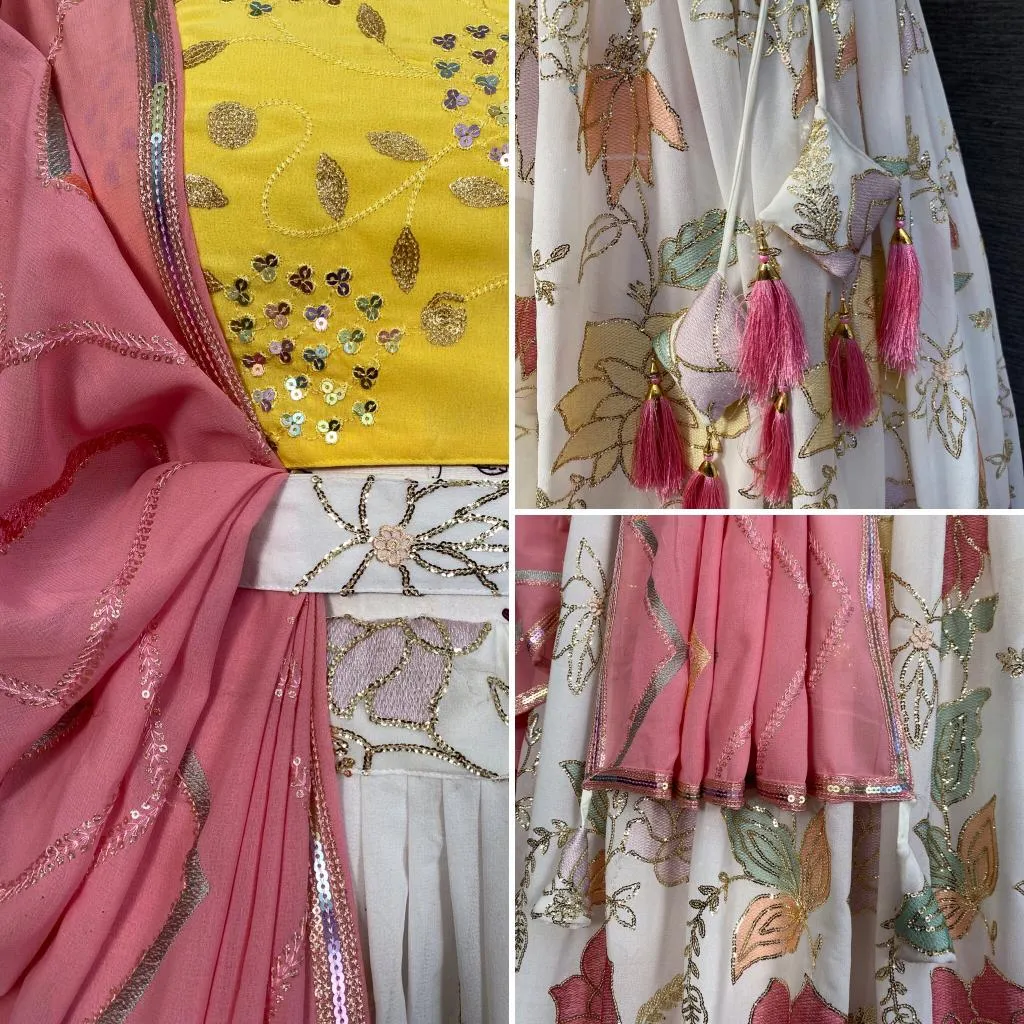{Stitched} Beautiful white Sequins Lehenga Choli with Hand made Heavy Tassels & Belts.