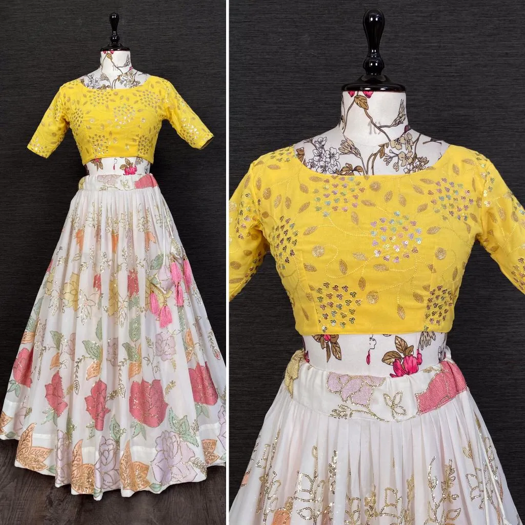 {Stitched} Beautiful white Sequins Lehenga Choli with Hand made Heavy Tassels & Belts.