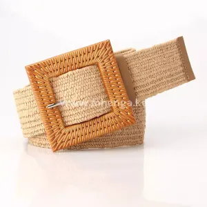 Straw Woven Belt Elastic Stretch Belt Boho Waist Belt Skinny Dress Braided Belt Wooden Buckle for Women