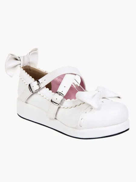 Sweet White Lolita Flats Shoes Platform Bow Decor with Trim