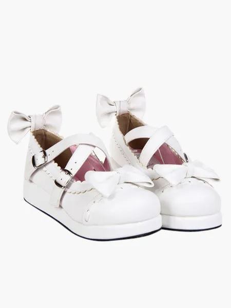 Sweet White Lolita Flats Shoes Platform Bow Decor with Trim