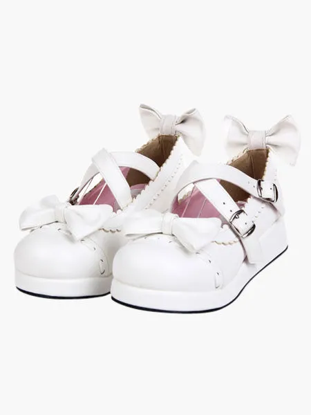 Sweet White Lolita Flats Shoes Platform Bow Decor with Trim