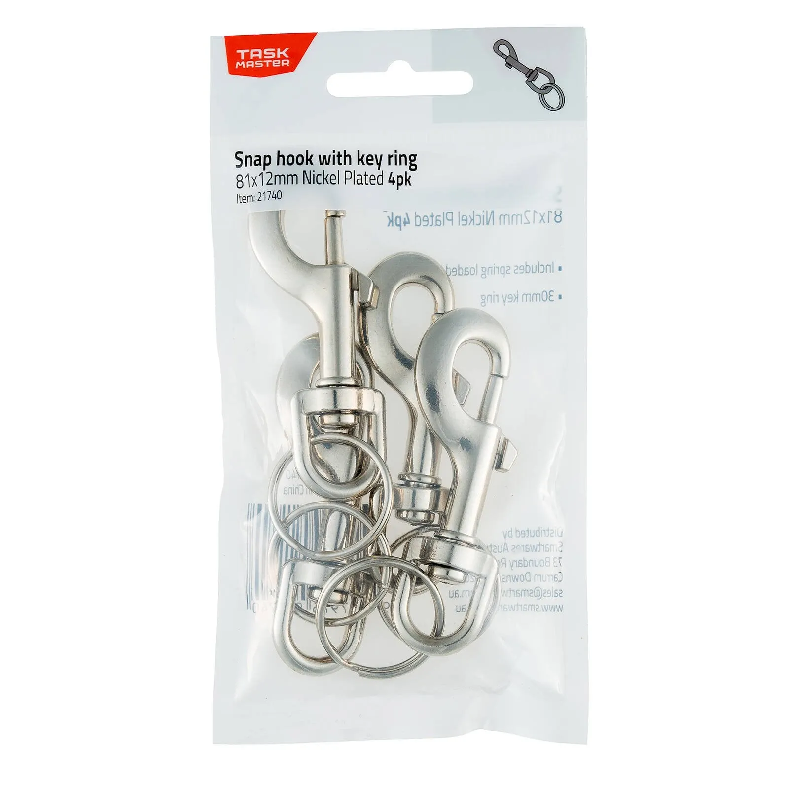 Taskmaster 81 x 12mm Nickel Plated Snap Hook with Key Ring - 4 Pack
