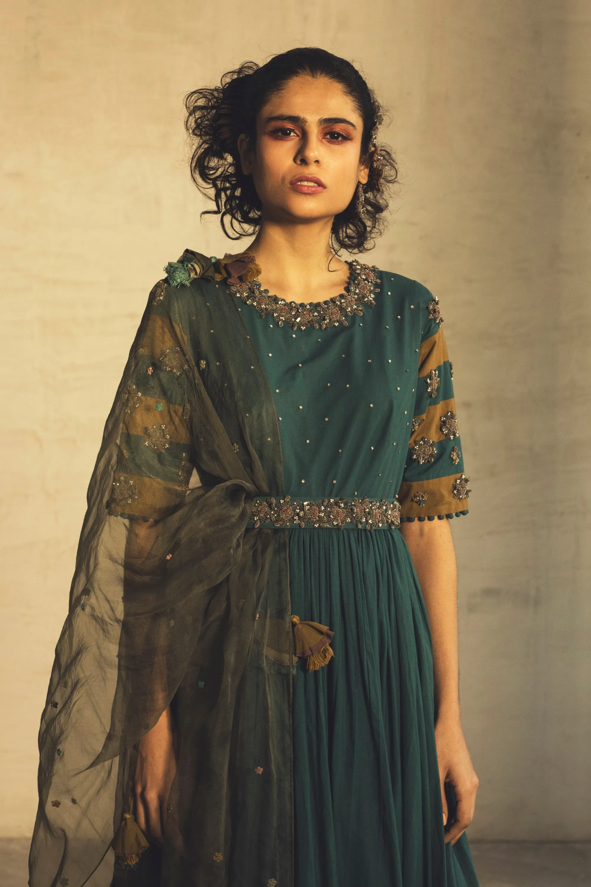 Teal Anarkali With Jacket & Belt