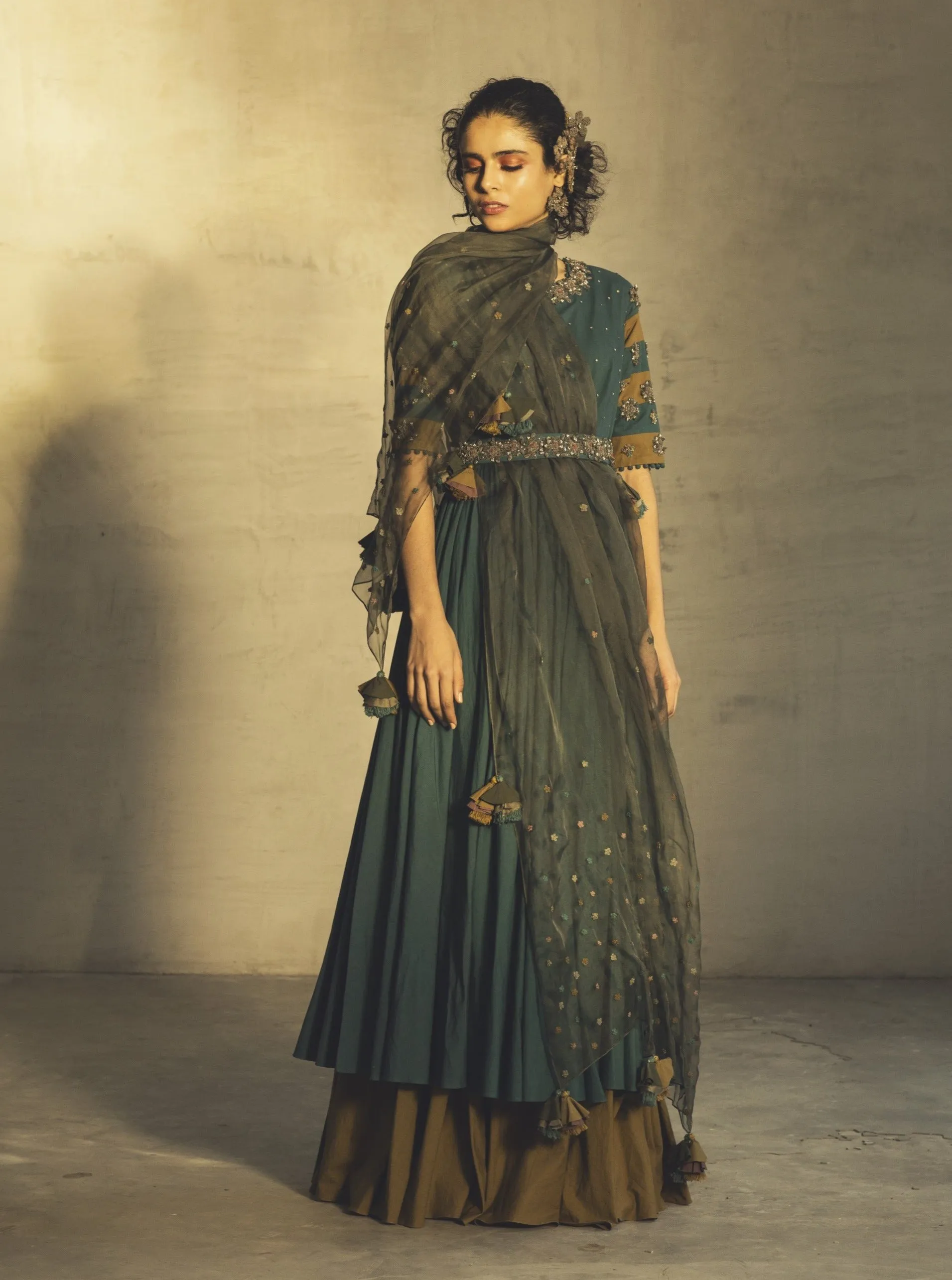Teal Anarkali With Jacket & Belt