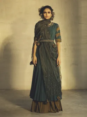 Teal Anarkali With Jacket & Belt