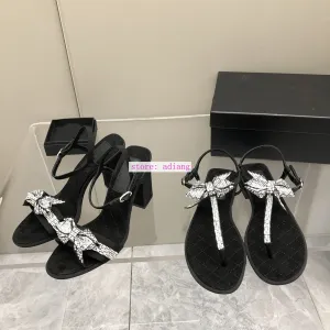 thick heel Straight loop sandals & flats flip flops sandals black women 2023 rhinestone bow