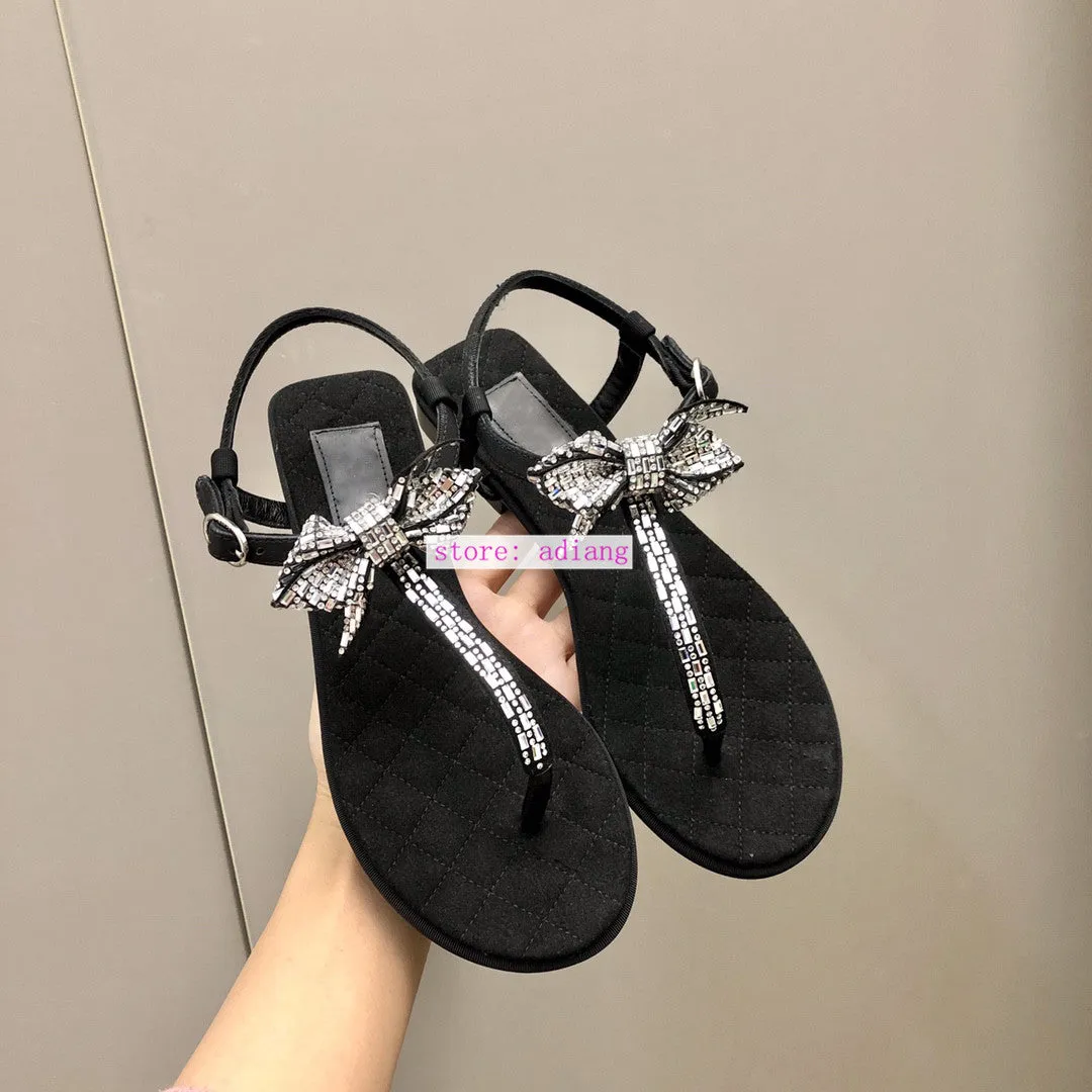 thick heel Straight loop sandals & flats flip flops sandals black women 2023 rhinestone bow