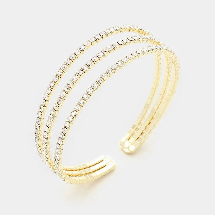 Three Row Clear Crystal Rhinestone Cuff Bracelet on Gold  | 334204
