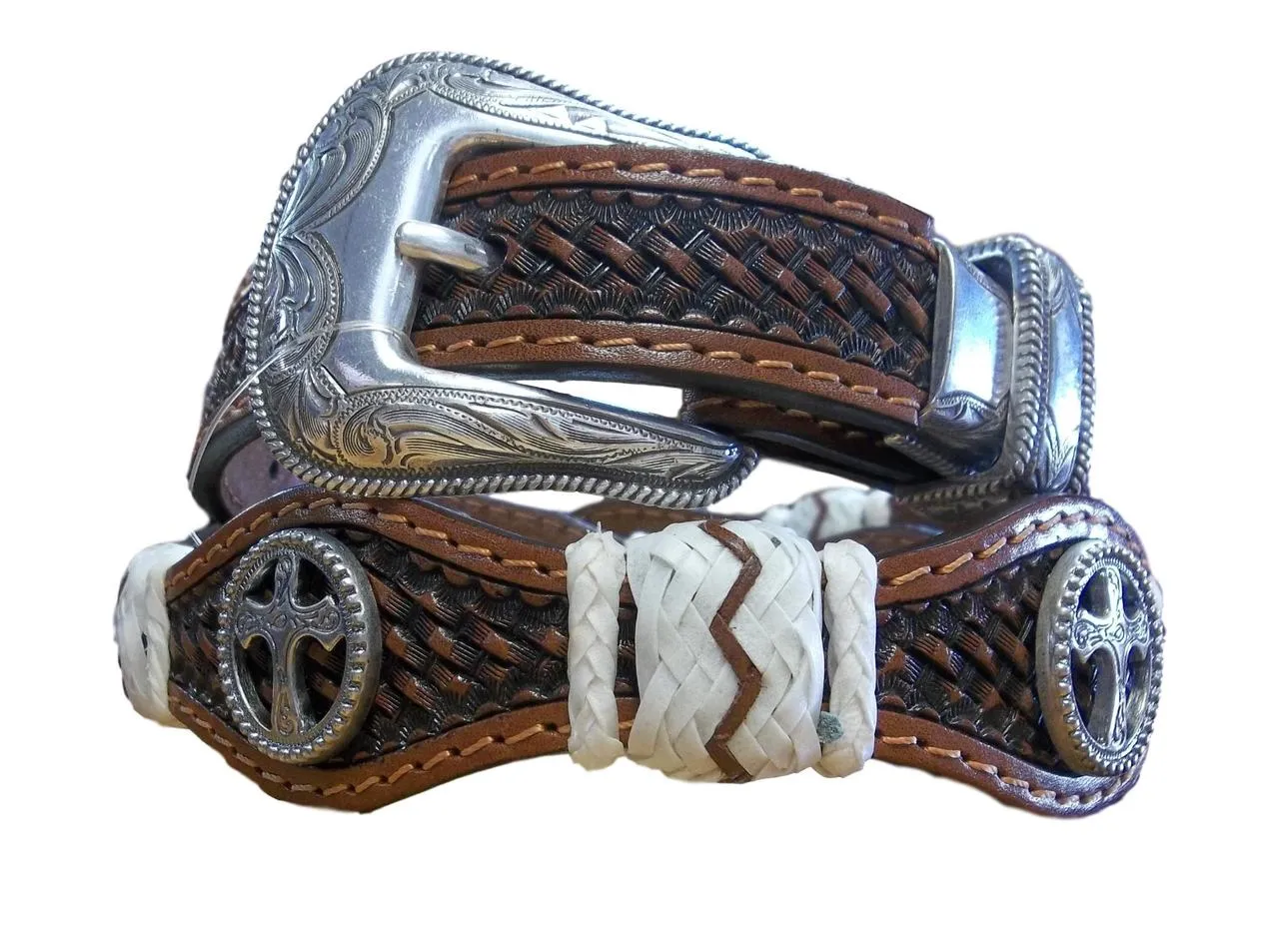 Tooled Scalloped Cross & Rawhide Belt