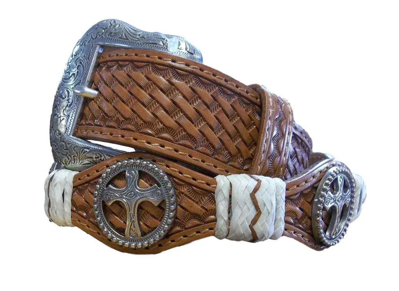 Tooled Scalloped Cross & Rawhide Belt