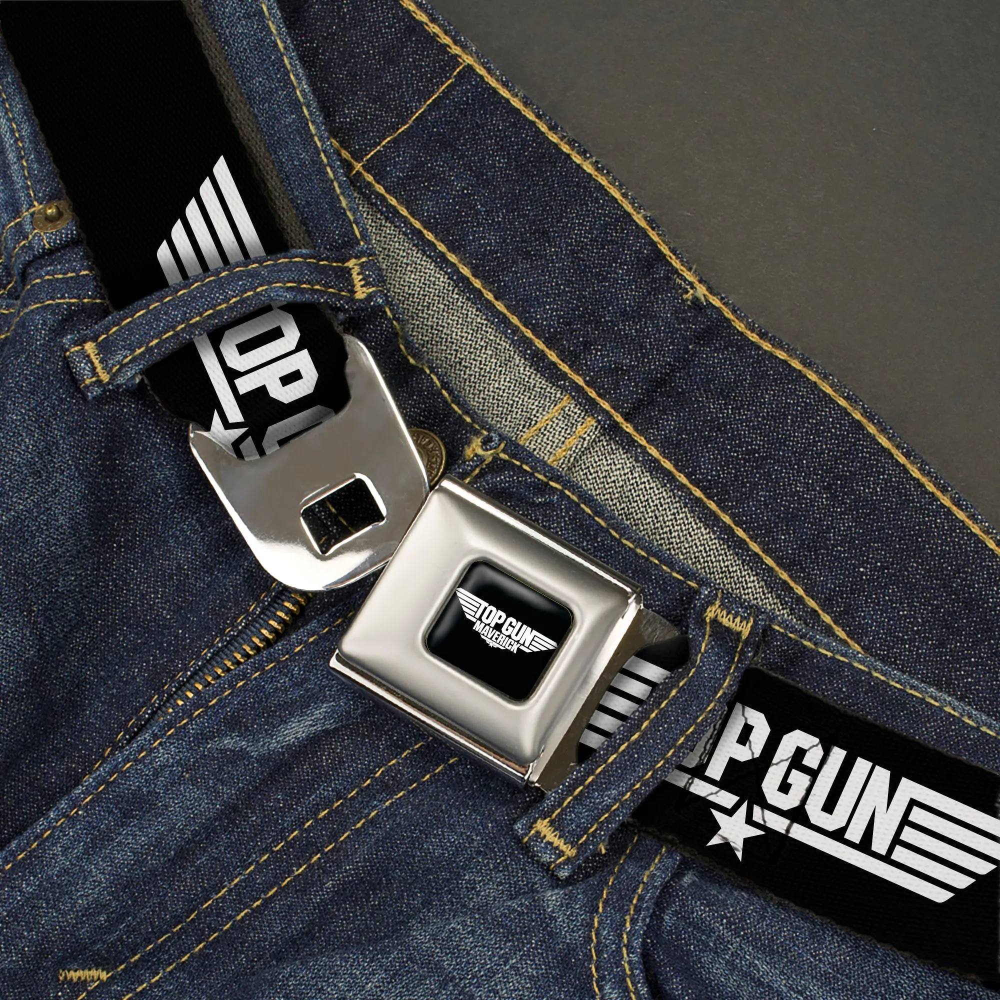 TOP GUN Title Logo Full Color Black/White Seatbelt Belt - TOP GUN Title Logo Black/White Webbing