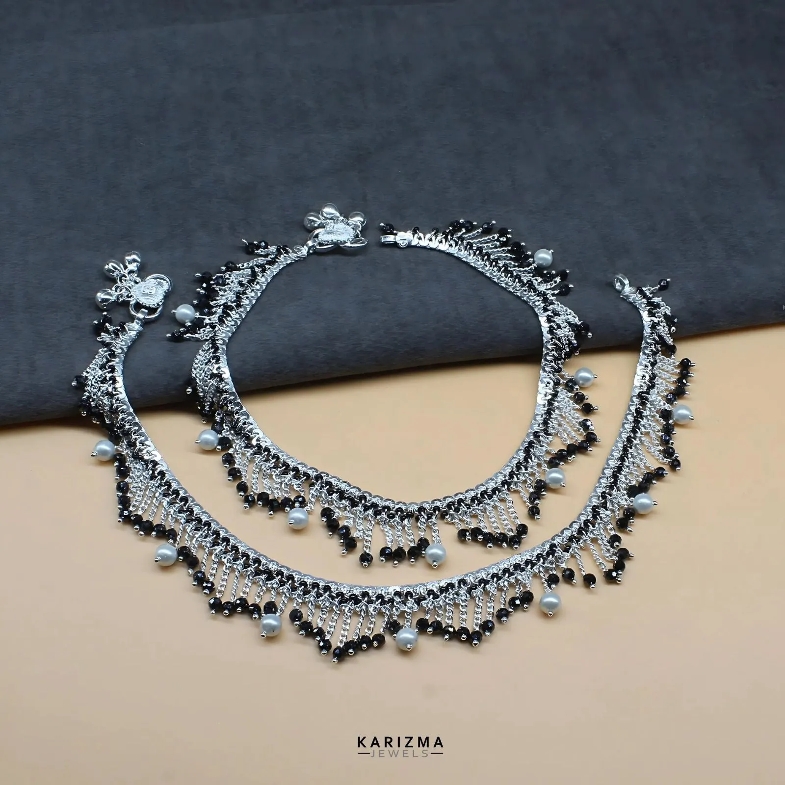 Trendy style Real Silver Black Beads with Pearl Indian women jhallar Anklets Ankle Pair 10.5"