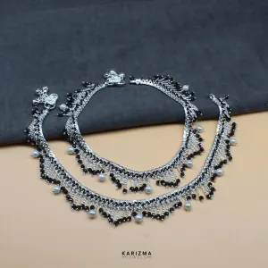 Trendy style Real Silver Black Beads with Pearl Indian women jhallar Anklets Ankle Pair 10.5"