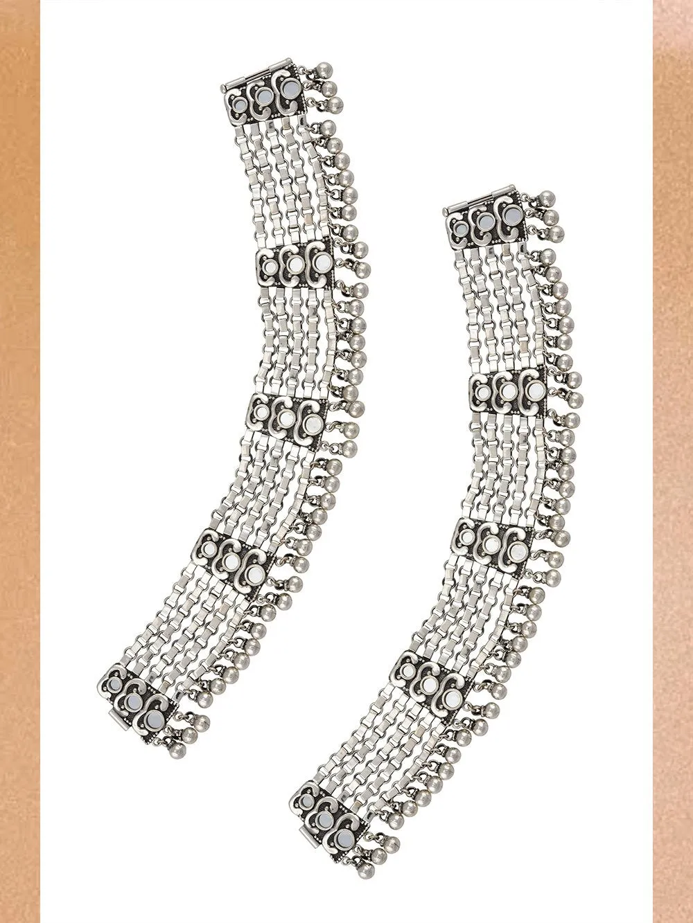 Tribe by Amrapali - Anklets Silver Oxidised Ball Drop Mirror