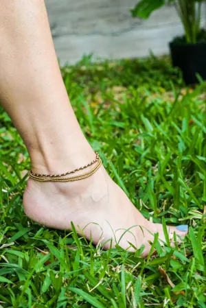 Triple Strand Golden Brass Beaded Woven Cotton Anklet