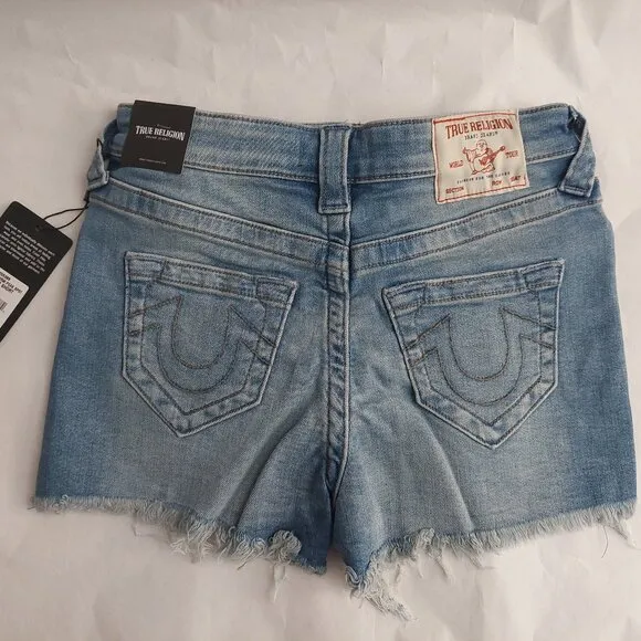 True Religion Brand Jeans Blue Denim Button Fly Maisie High Rise Shorts NWT $129