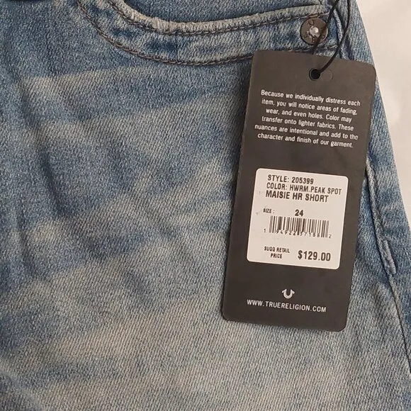 True Religion Brand Jeans Blue Denim Button Fly Maisie High Rise Shorts NWT $129