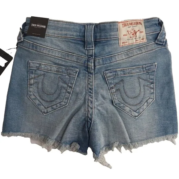 True Religion Brand Jeans Blue Denim Button Fly Maisie High Rise Shorts NWT $129