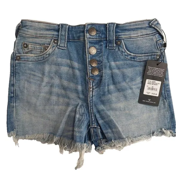 True Religion Brand Jeans Blue Denim Button Fly Maisie High Rise Shorts NWT $129