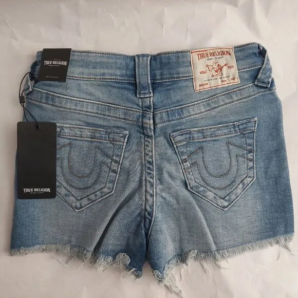 True Religion Brand Jeans Blue Denim Button Fly Maisie High Rise Shorts NWT $129