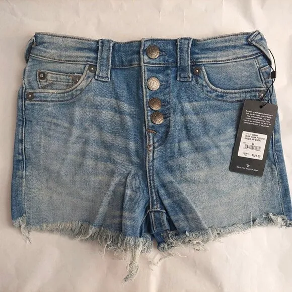True Religion Brand Jeans Blue Denim Button Fly Maisie High Rise Shorts NWT $129