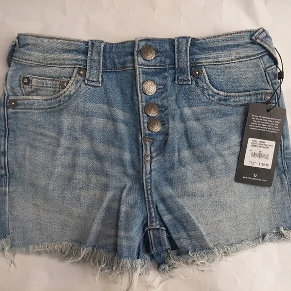 True Religion Brand Jeans Blue Denim Button Fly Maisie High Rise Shorts NWT $129