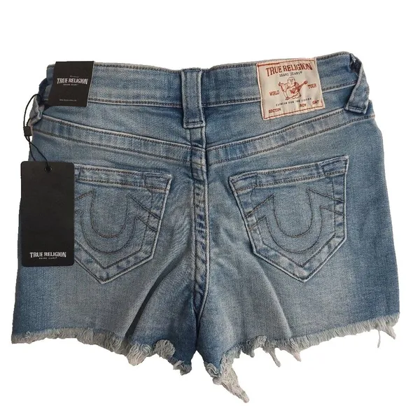 True Religion Brand Jeans Blue Denim Button Fly Maisie High Rise Shorts NWT $129