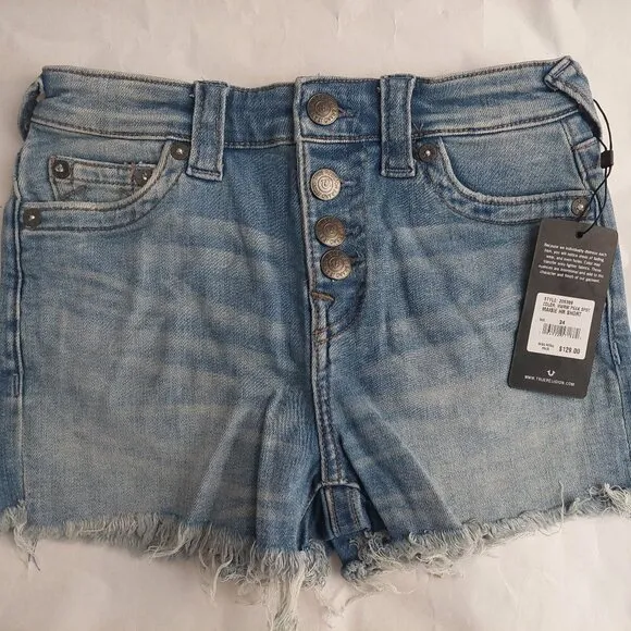 True Religion Brand Jeans Blue Denim Button Fly Maisie High Rise Shorts NWT $129