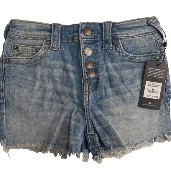 True Religion Brand Jeans Blue Denim Button Fly Maisie High Rise Shorts NWT $129