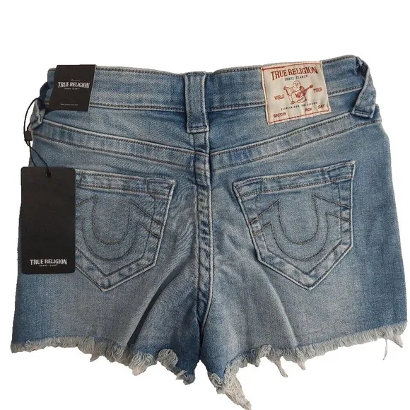 True Religion Brand Jeans Blue Denim Button Fly Maisie High Rise Shorts NWT $129
