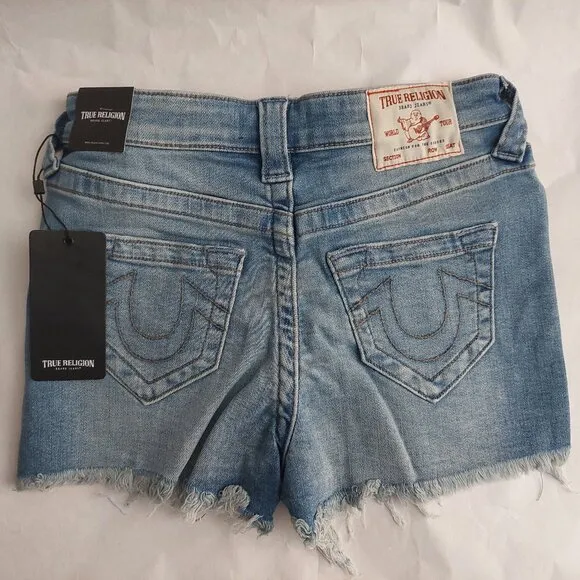 True Religion Brand Jeans Blue Denim Button Fly Maisie High Rise Shorts NWT $129