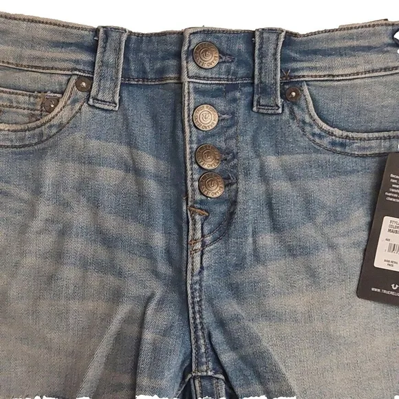 True Religion Brand Jeans Blue Denim Button Fly Maisie High Rise Shorts NWT $129