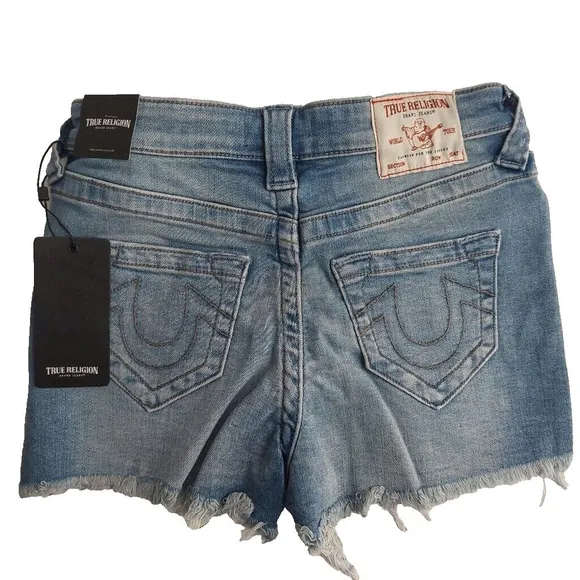 True Religion Brand Jeans Blue Denim Button Fly Maisie High Rise Shorts NWT $129