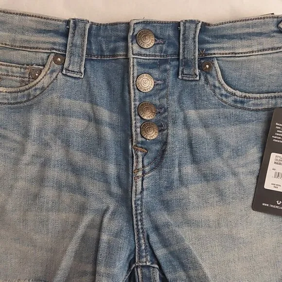 True Religion Brand Jeans Blue Denim Button Fly Maisie High Rise Shorts NWT $129