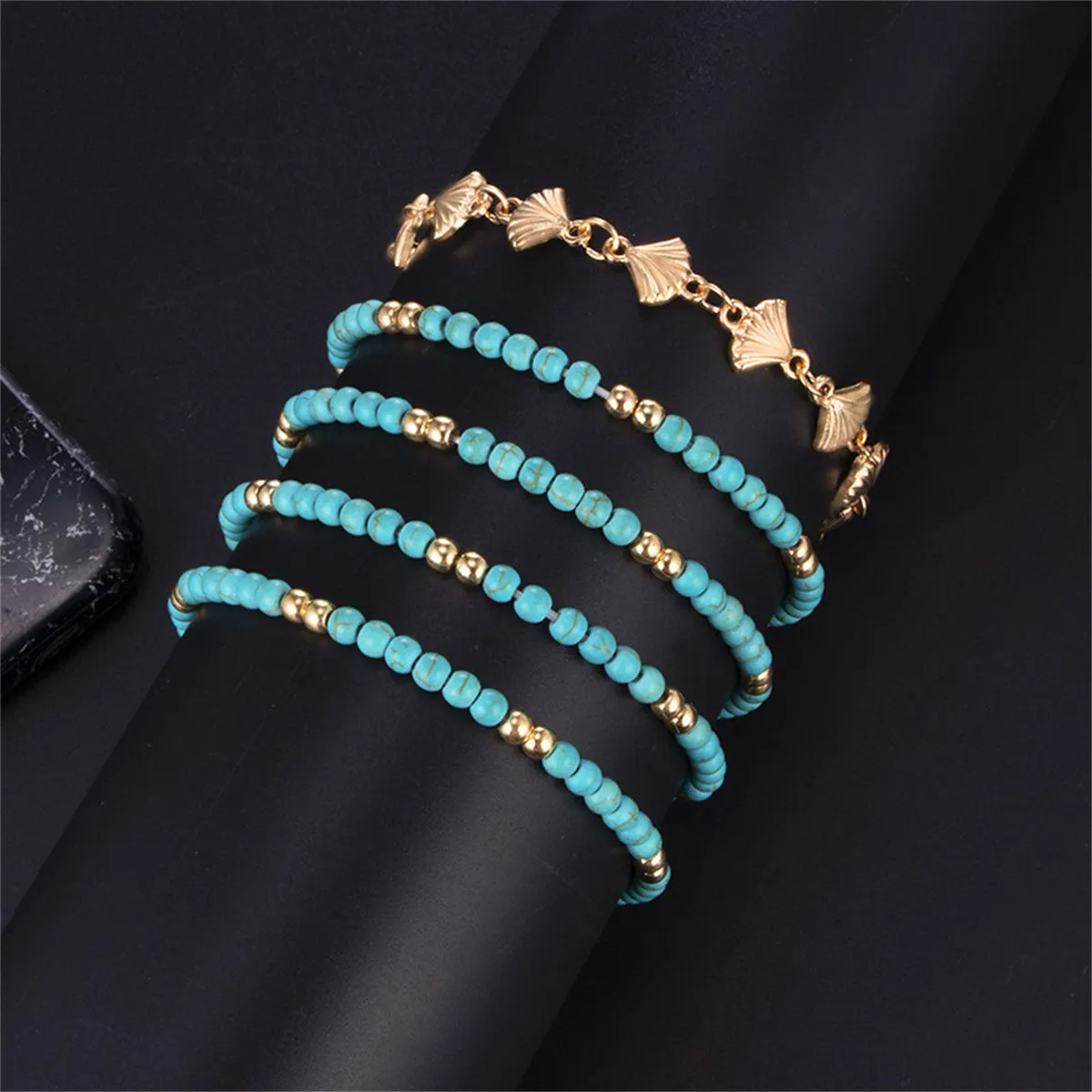 Turquoise & 18K Gold-Plated Beaded Anklet Set