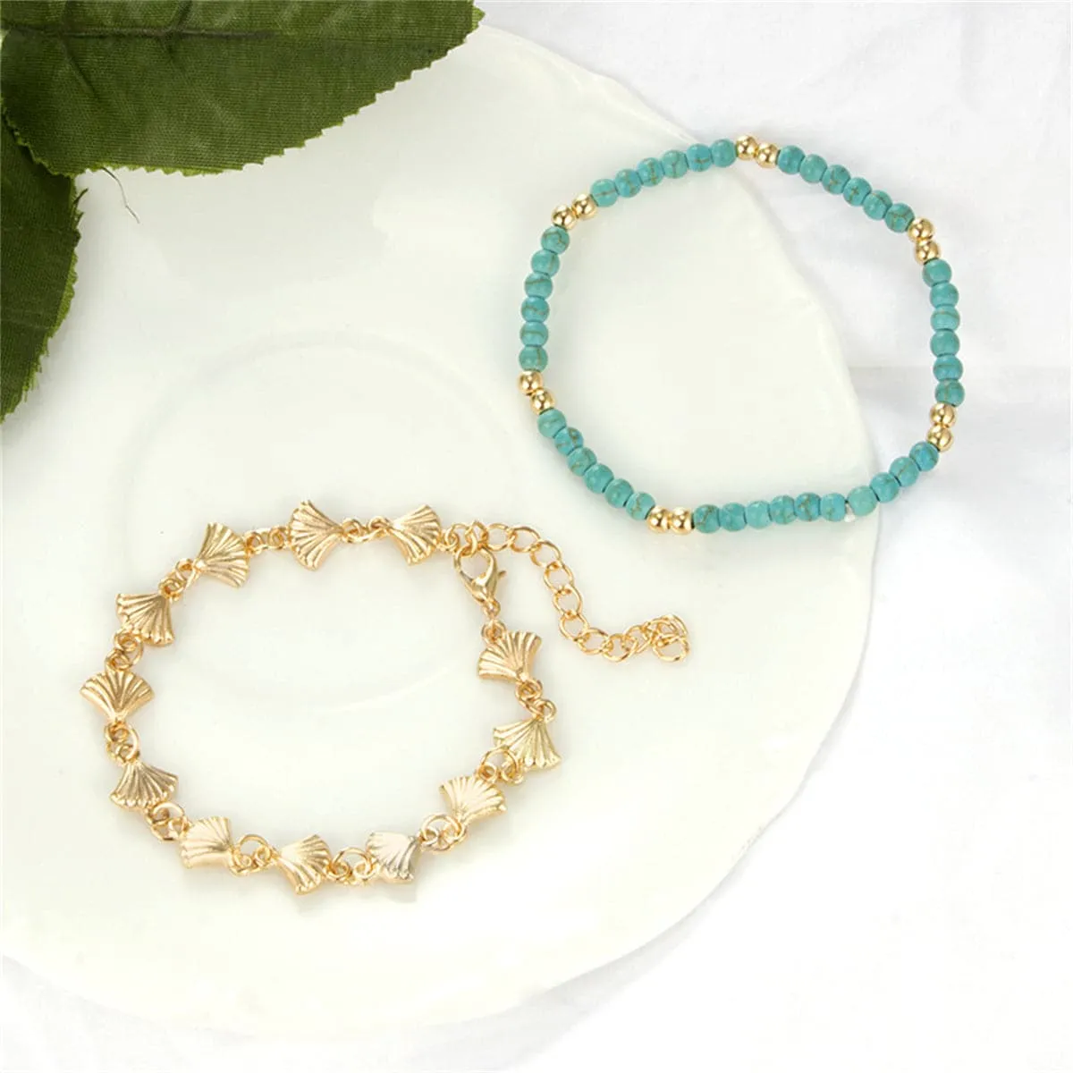 Turquoise & 18K Gold-Plated Beaded Anklet Set