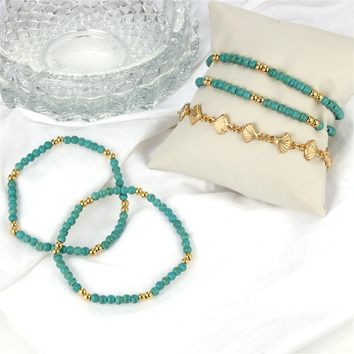 Turquoise & 18K Gold-Plated Beaded Anklet Set