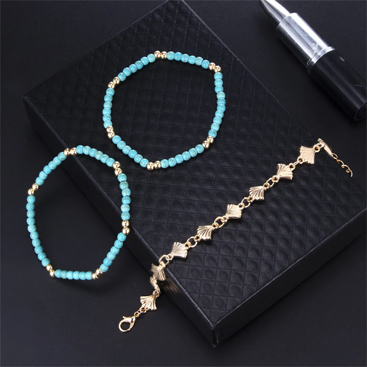 Turquoise & 18K Gold-Plated Beaded Anklet Set