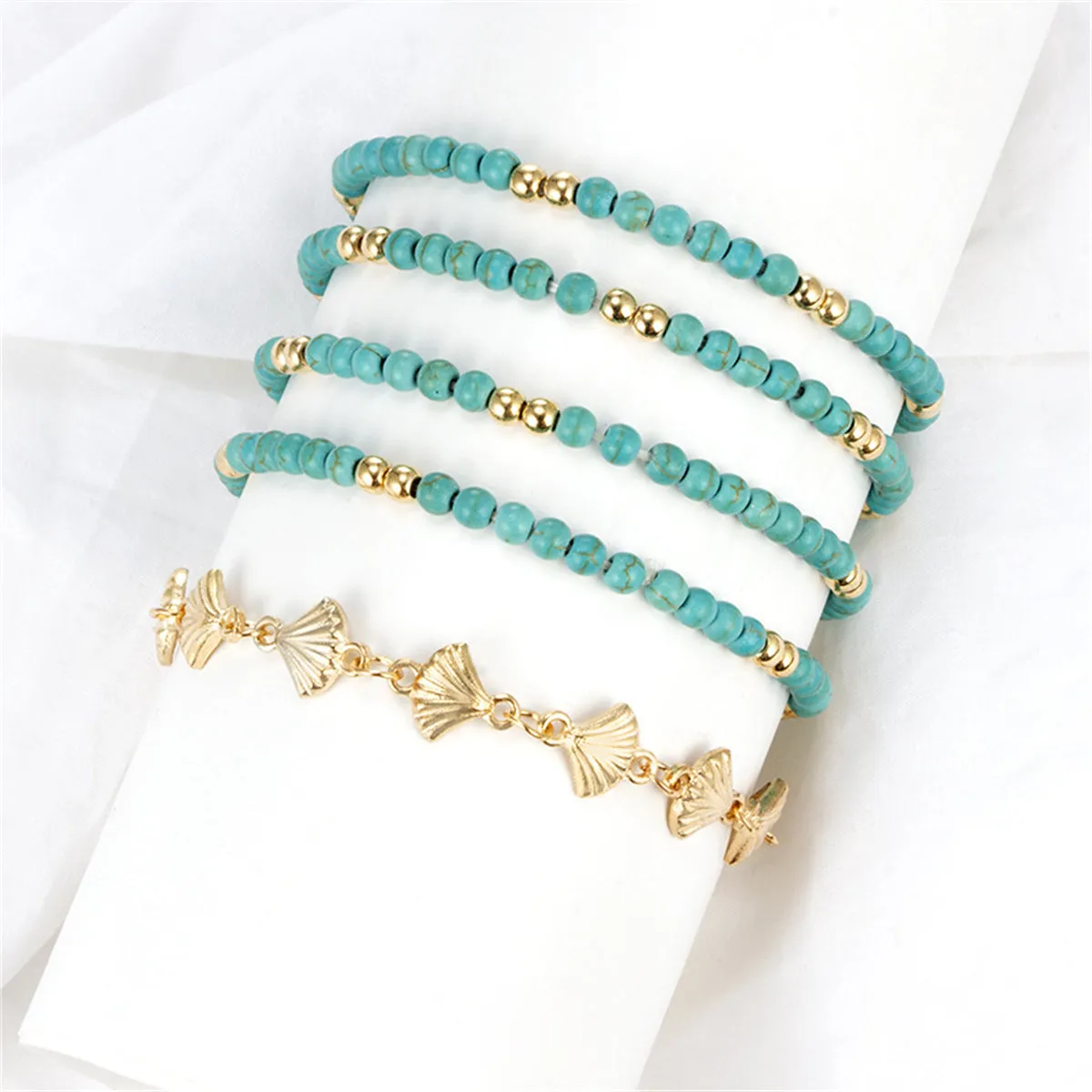 Turquoise & 18K Gold-Plated Beaded Anklet Set