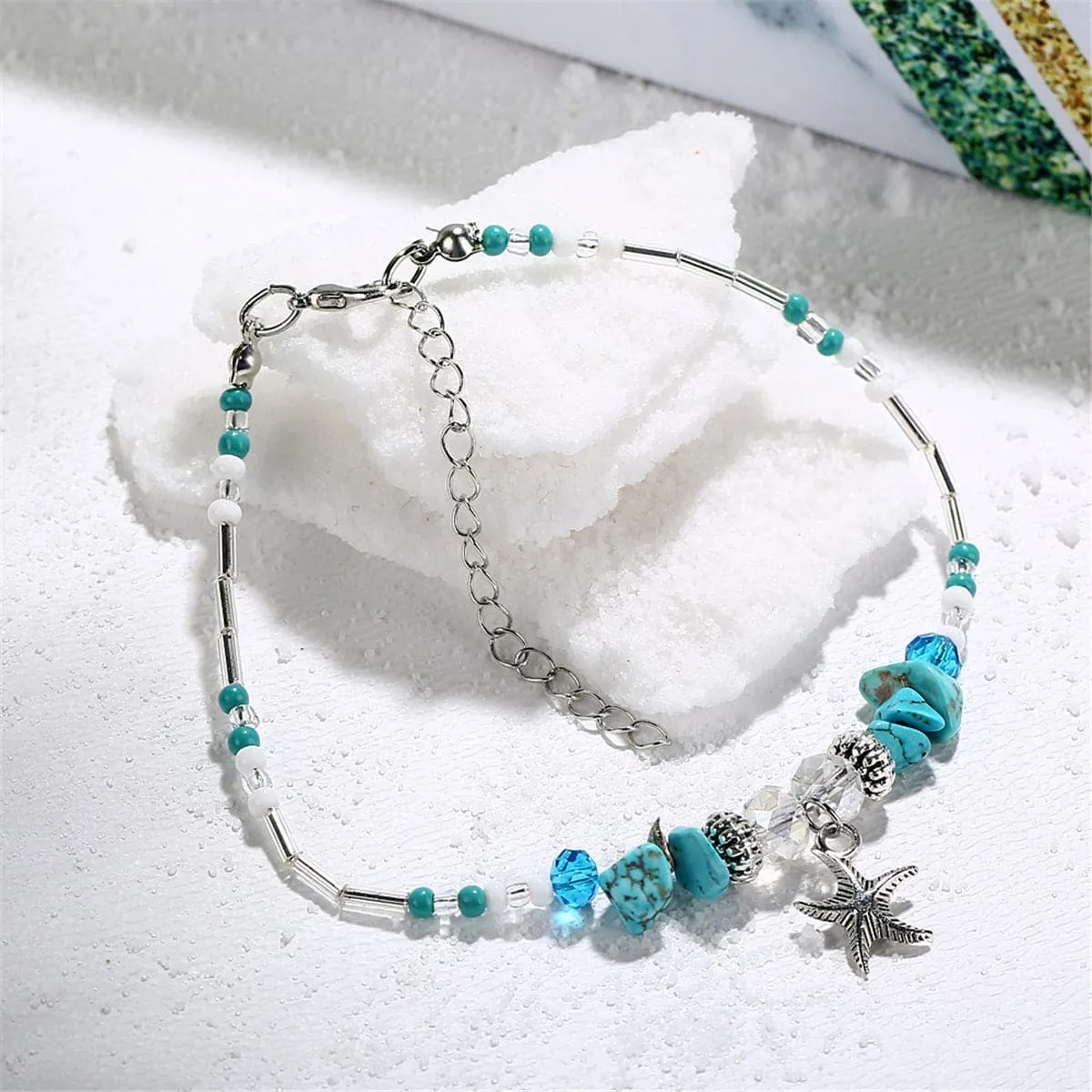 Turquoise & Acrylic Silver-Plated Beaded Starfish Charm Anklet