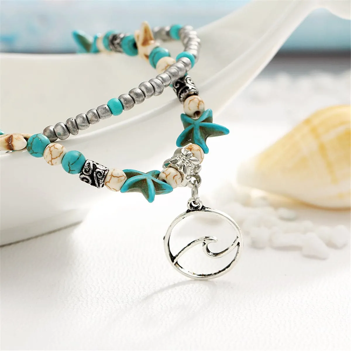 Turquoise & Silver-Plated Beaded Wave Layered Anklet