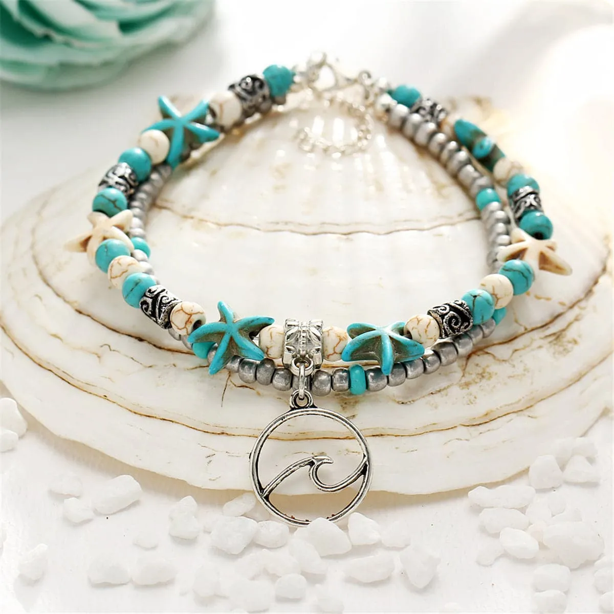Turquoise & Silver-Plated Beaded Wave Layered Anklet