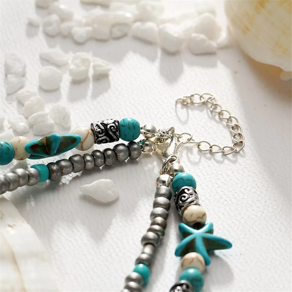 Turquoise & Silver-Plated Beaded Wave Layered Anklet