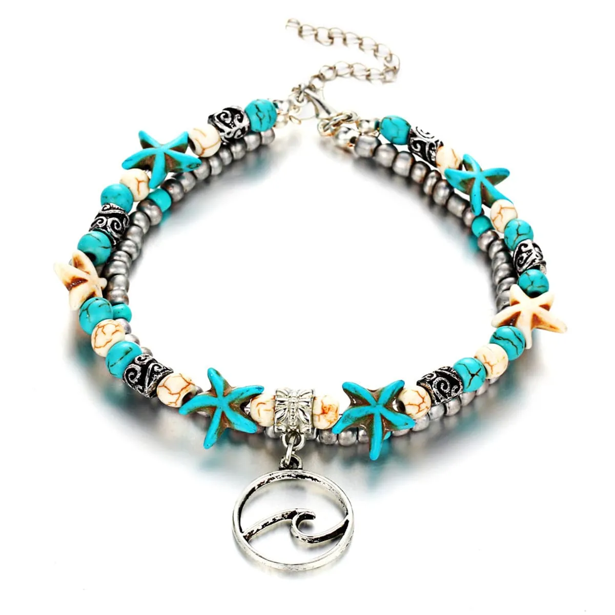 Turquoise & Silver-Plated Beaded Wave Layered Anklet