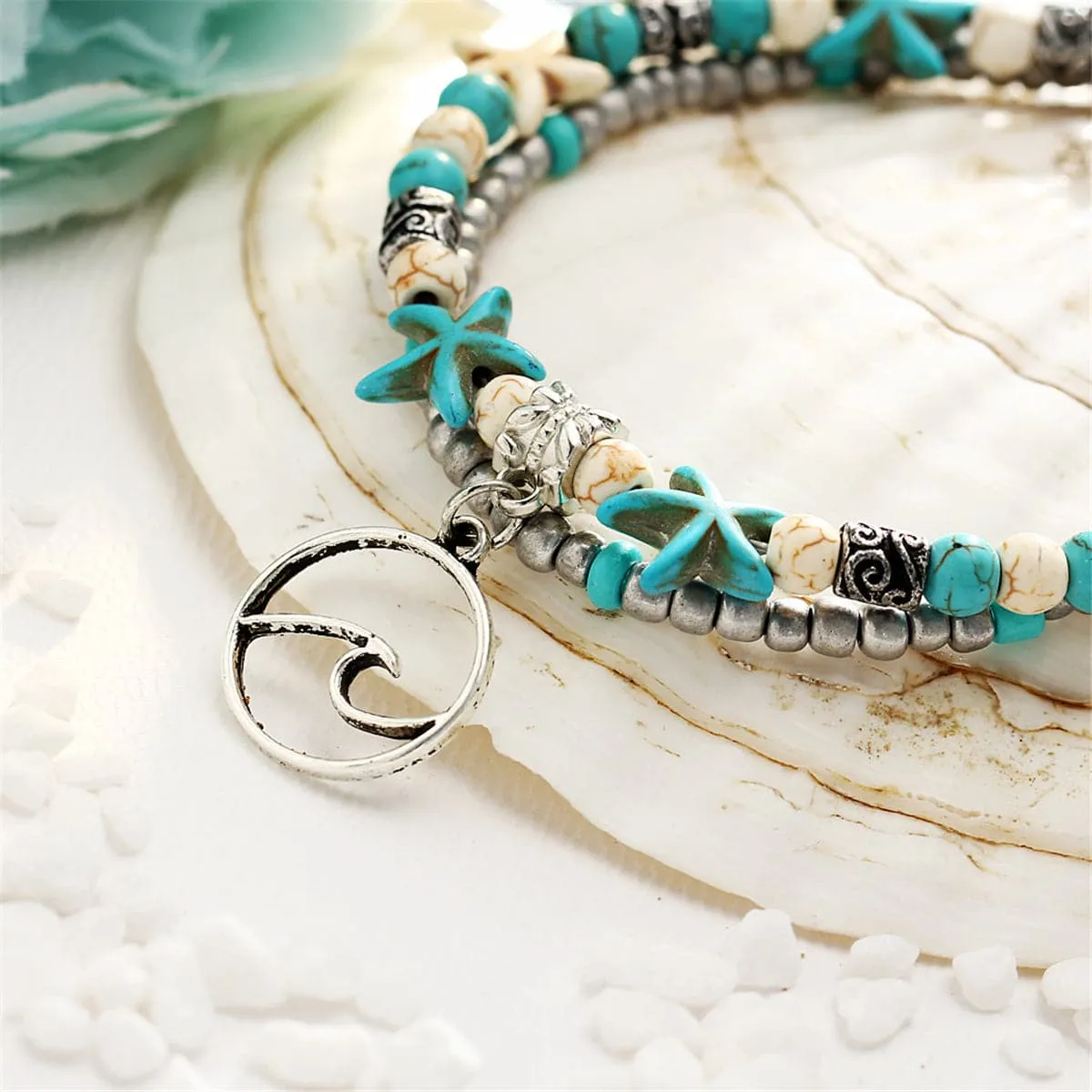 Turquoise & Silver-Plated Beaded Wave Layered Anklet