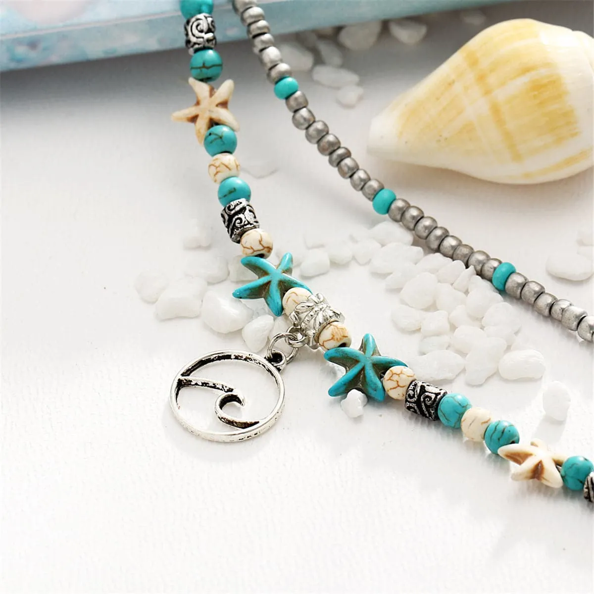 Turquoise & Silver-Plated Beaded Wave Layered Anklet